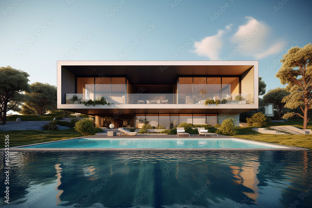 A Majestic and stunning modern house with a swimming pool, created with AI