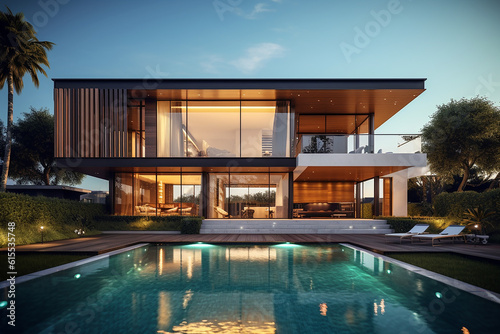 A Majestic and stunning modern house with a swimming pool, created with AI © SardarMuhammad