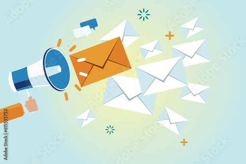 Reaching online audience with email marketing campaign, newsletter subscription, sending marketing message via email. Digital email marketing strategy.
