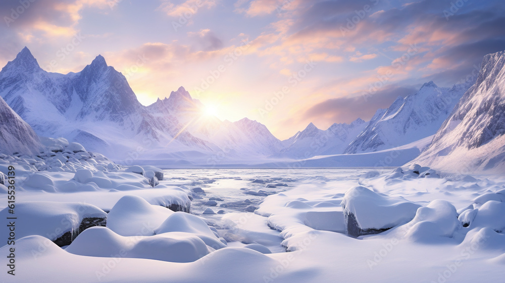 Winter landscape with mountains and snow. AI