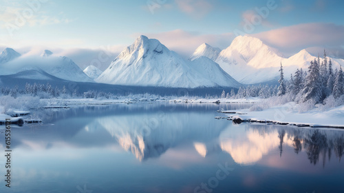 Lake in mountains. Winter landscape. AI