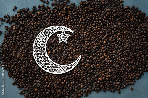 Top view of Coffee beans with crescent moon shape with copy space for greeting text, Ramadan and Eid Mubarak concept image, 2023 Eid al adha background