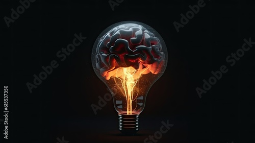 brain bulb with yellow glow light on black background