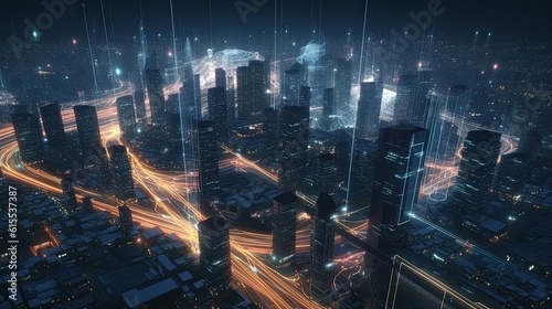 city skyline night technology world