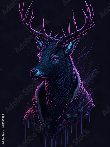 Scenic portrait of a deer in colored ink on a black background