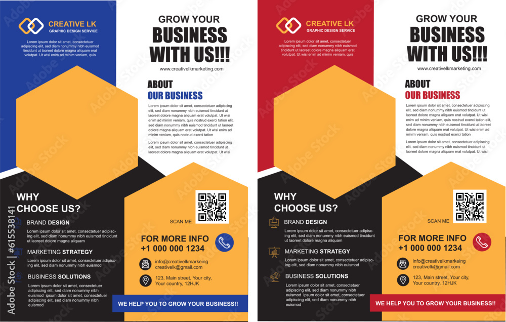 A business flyer layout with colourful elements in two colour palettes. A business flyer layout with colourful elements in two colour palettes.
