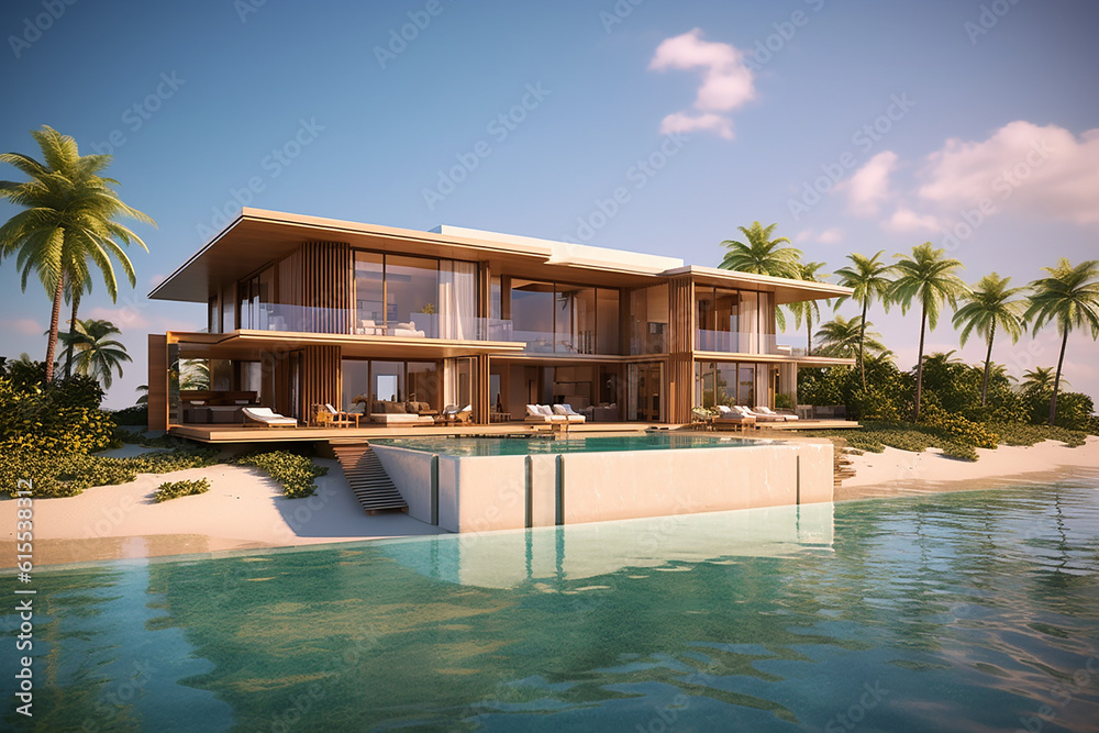 Fototapeta premium A Majestic and stunning modern house with a swimming pool, created with AI
