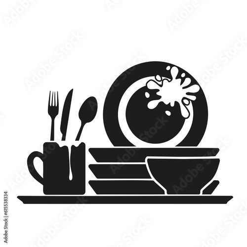 Black and white icon of dirty dishes. Isolated image on a white background.