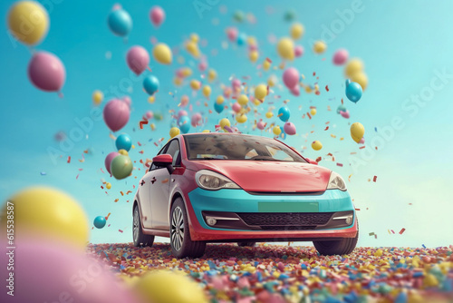 Retro car on the festive background with air balloons. Super photo realistic background. Generative ai illustration