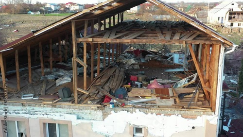 Destroyed house after bomb attacks in Ukraine. Ukraine war. Velyka Dymerka, Kyiv oblast. photo