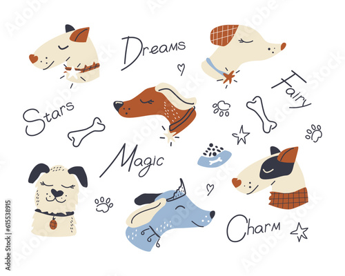 Collection of cute dogs in doodle style on a white background. Muzzles of cute dogs of different variants