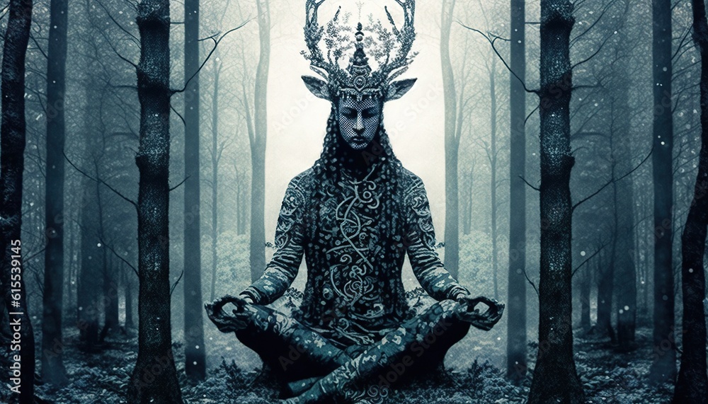 Obraz premium Mysterious portrait of a soul of the forest with deer horns in meditation a drawing in dark blue colors