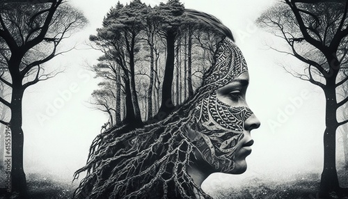 Mysterious portrait of a woman's soul of the forest black and white drawing double exposure