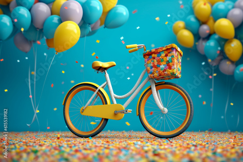 Bicycle on the festive background with air balloons. Super photo realistic background. Generative ai illustration
