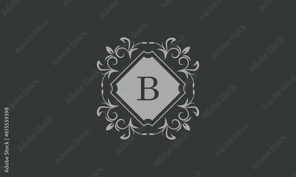 Floral frame with calligraphic elements, letter B. Template for signs, logos, labels, stickers, cards. Graphic design of the page, business.
