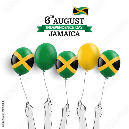 Vector Illustration of  Jamaica Independence Day. Hands with balloons.
