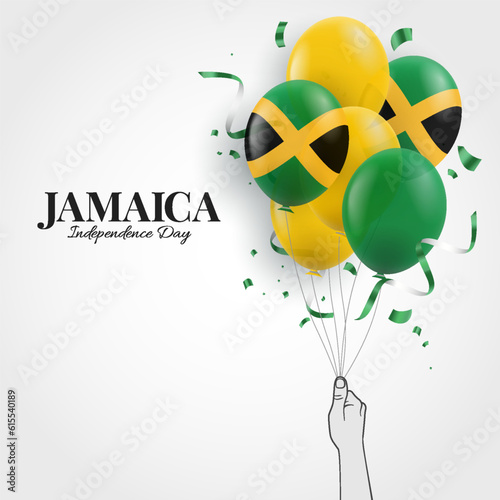 Vector Illustration of  Jamaica Independence Day. Hand with balloons.
