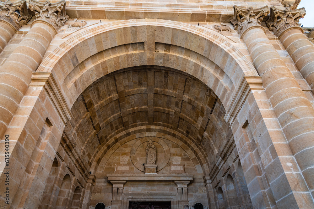 Low angle view of entrance portico to the Zamora Cathedral
