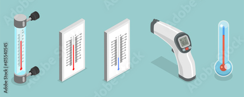 3D Isometric Flat Vector Set of Thermometers, Measuring Temperature Indoor, Outdoor, Health Control