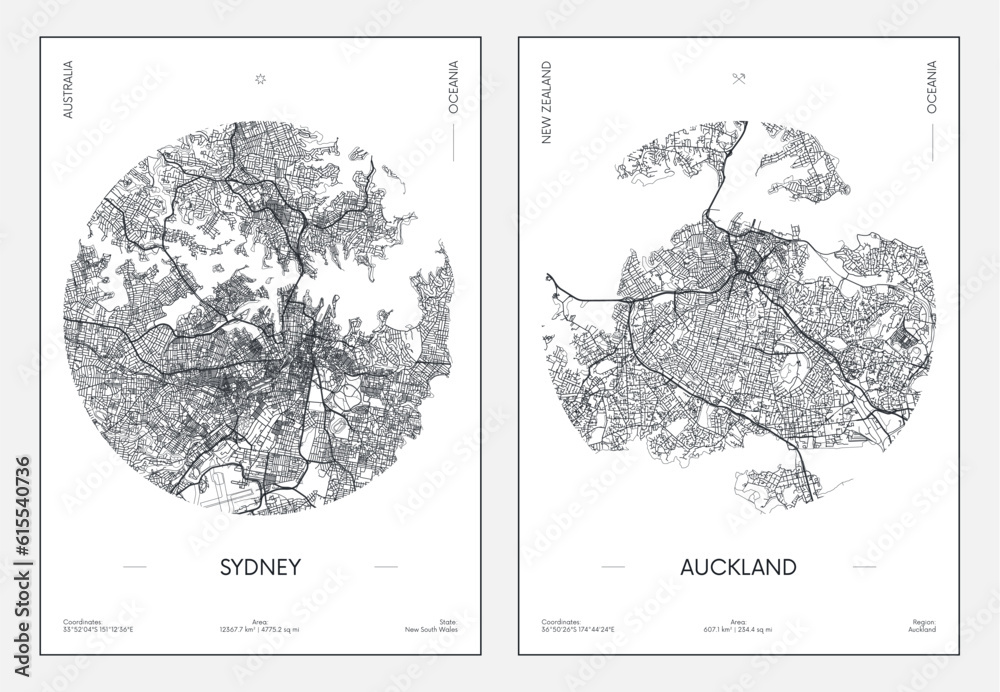 Fototapeta premium Travel poster, urban street plan city map Sydney and Auckland, vector illustration
