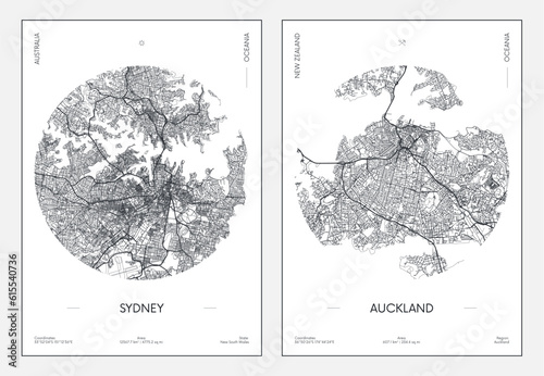 Travel poster, urban street plan city map Sydney and Auckland, vector illustration