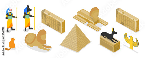 3D Isometric Flat Vector Set of Egypt Symbols, Old Civilization Archaeology Artifacts