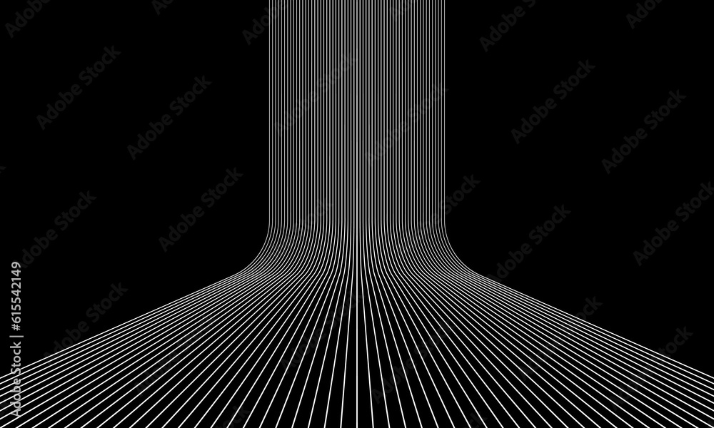 White lines rise up to horizon in dark background.