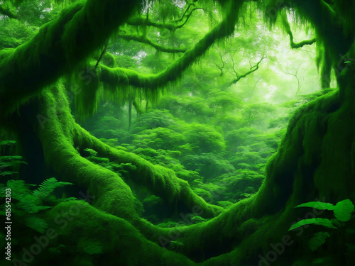 Green jungle with big trees, Generative AI Illustration.