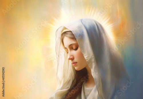 Virgin Mary. Our Lady of Grace with abstract background. Religion, Christianity symbol.