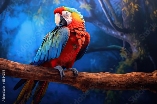 Artwork of a parrot with its colorful feathers and mischievous expression, perched on a branch.
