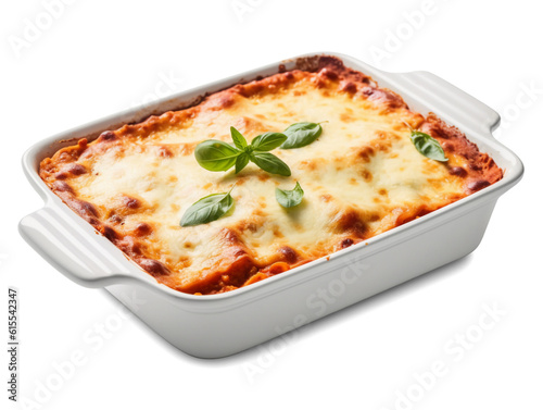 Fényképezés Lasagna in baking dish isolated on transparent or white background, png