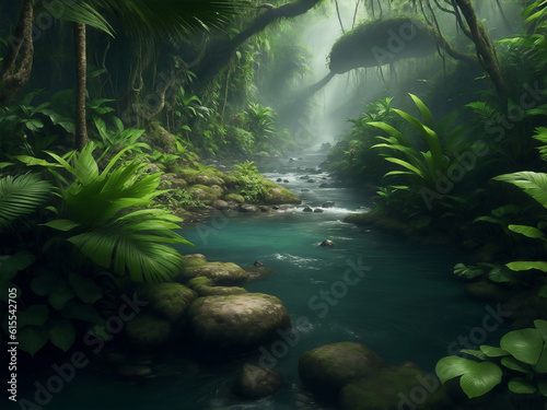 Green plants with river  Generative AI Illustration.