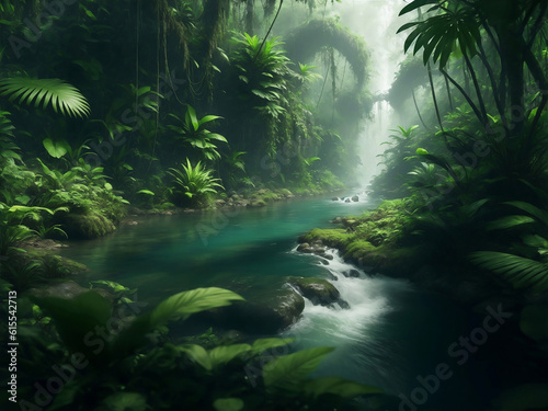 Green plants with river, Generative AI Illustration.