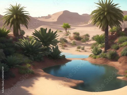 Beautiful oasis in desert  Generative AI Illustration.