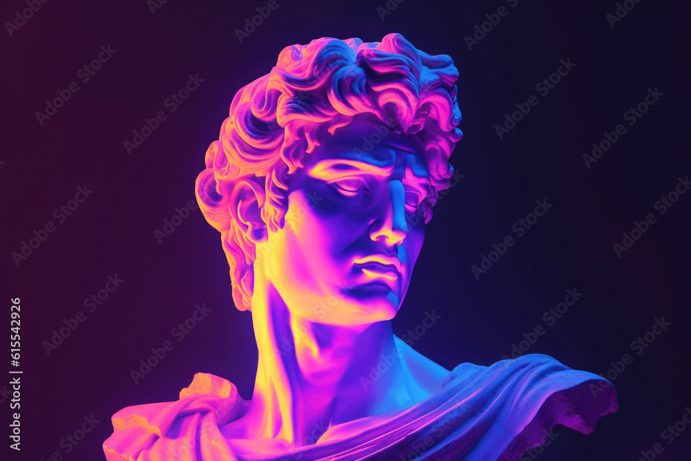 Gypsum antique statue with neon colored background. Creative aesthetic contemporary art collage. Fashion wallpaper. Created with Generative AI