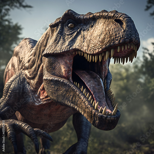 Tyrannosaurus rex or T-rex dinosaur closeup portrait. Generative AI