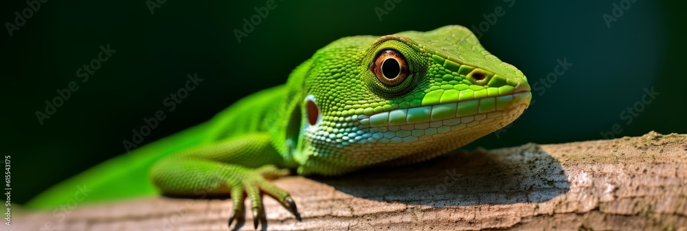 Fototapeta premium Green anole close-up. A small reptile in bright green color. Generative AI