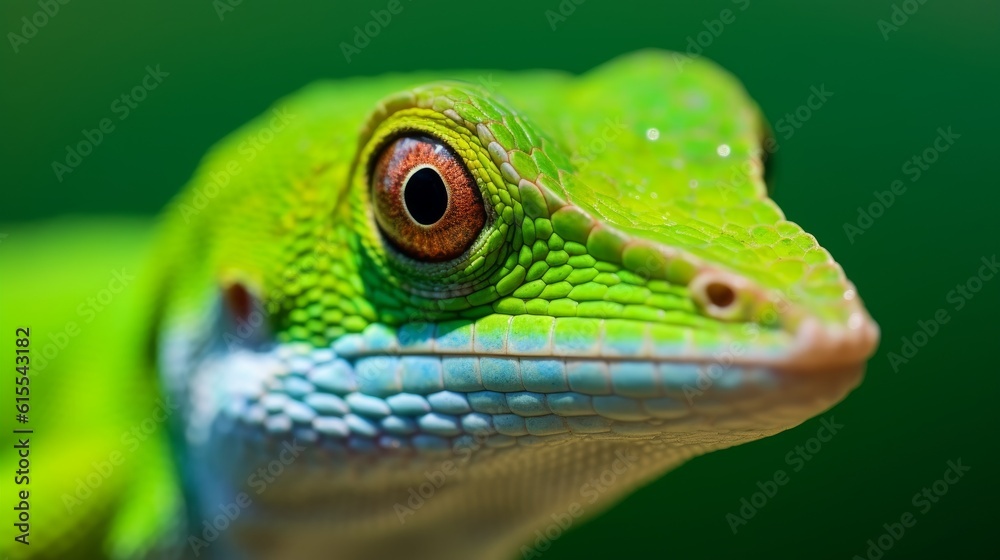 Green anole close-up. A small reptile in bright green color. Generative AI Green anole close-up. A small reptile in bright green color. Generative AI