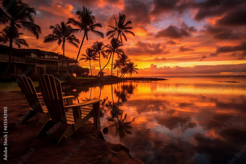 Hawaiian sunset at a beachfront resort Generative AI