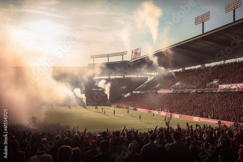 Fans at stadium are burning flares and smoke bombs. Football stadium during soccer match. Created with Generative AI