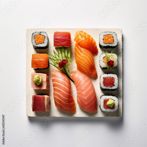 Beautiful Sushi Platter Flat Lay on White Marble/Stone Background with Fresh Fish, Rice, and Seaweed - Studio Lighting Effect - Asian Cuisine Food Photography - Generative AI