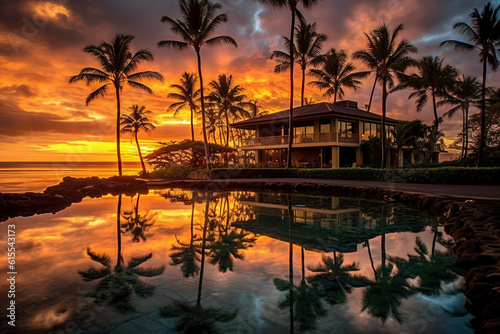 Hawaiian sunset at a beachfront resort Generative AI