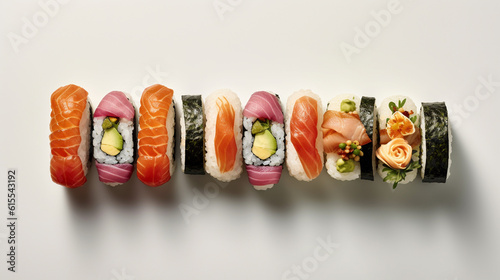 Beautiful Sushi Platter Flat Lay on White Marble/Stone Background with Fresh Fish, Rice, and Seaweed - Studio Lighting Effect - Asian Cuisine Food Photography - Generative AI