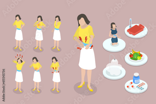 3D Isometric Flat Vector Conceptual Illustration of Menstrual Pain, PMS Symptom