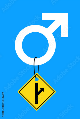 Men going their own way. Male gender and sex symbol with MGTOW sign and symbol. Vector illustration isolated on blue.