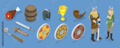 3D Isometric Flat Vector Set of Vikings Simbols, Scandinavian Warriors Equipment