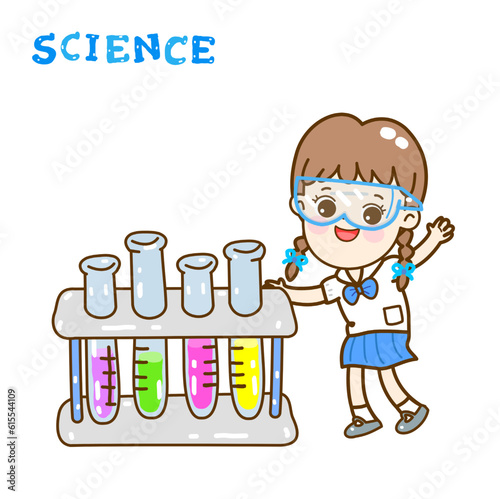 Cartoon kids learning science classroom.

