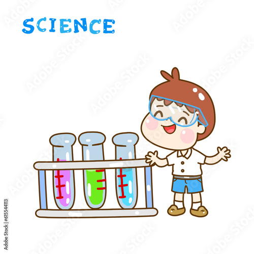 Cartoon kids learning science classroom.

