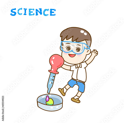 Cartoon kids learning science classroom.

