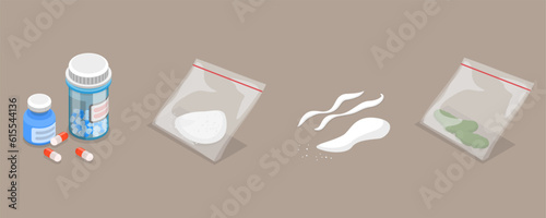 3D Isometric Flat Vector Set of Illegal Drugs, Cocaine, Marijuana, Painkillers and Heroin